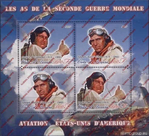 Ivory Coast 2011 World War II American Aviators Illegal Stamp Souvenir Sheet of 4