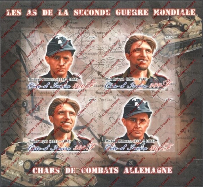 Ivory Coast 2011 World War II German Tank Commanders Illegal Stamp Souvenir Sheet of 4