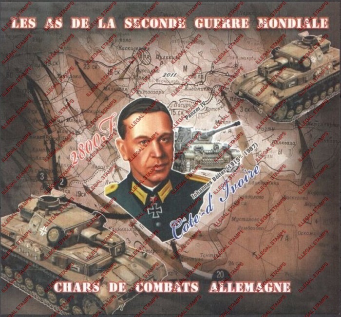 Ivory Coast 2011 World War II German Tank Commanders Illegal Stamp Souvenir Sheet of 1
