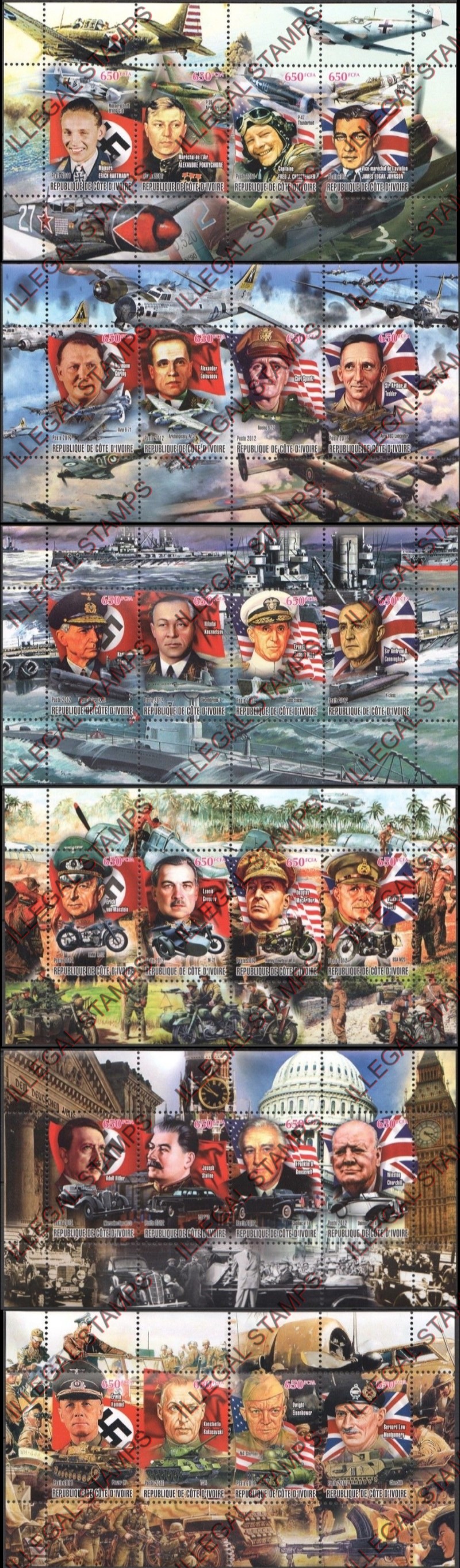 Ivory Coast 2011 World War II Leaders Illegal Stamp Souvenir Sheets of 4