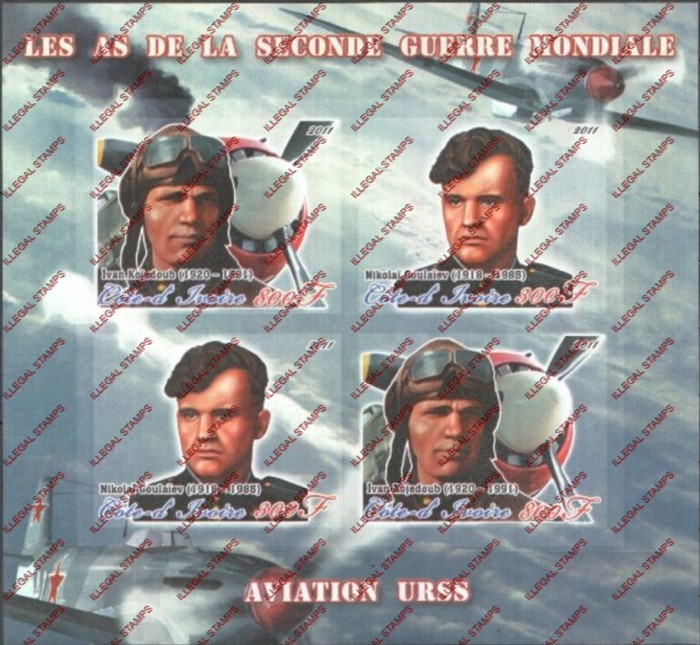 Ivory Coast 2011 World War II Russian Aviators Illegal Stamp Souvenir Sheet of 4