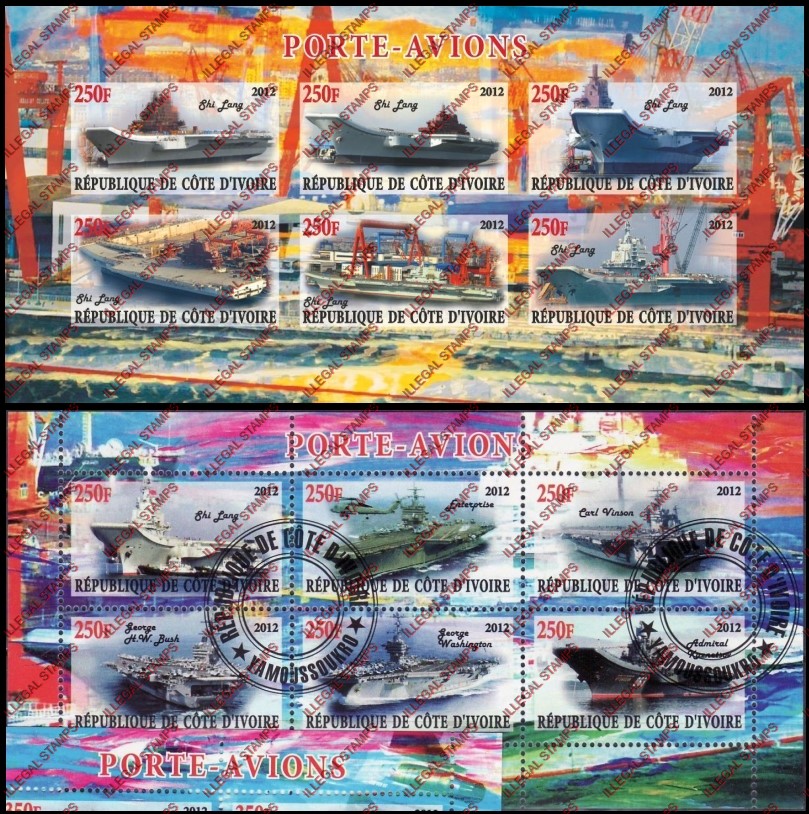 Ivory Coast 2012 Aircraft Carriers Illegal Stamp Sheetlets of 6