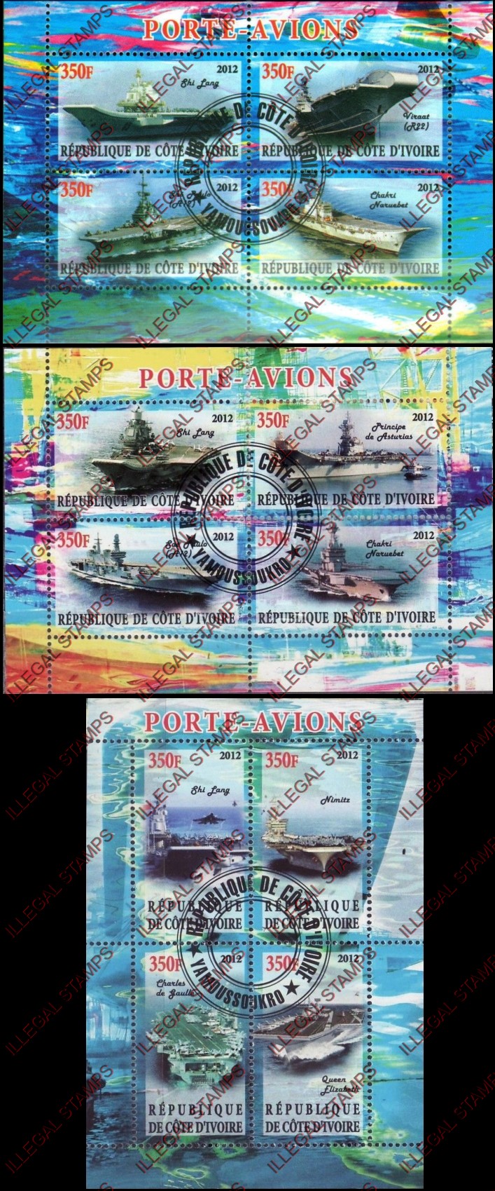 Ivory Coast 2012 Aircraft Carriers Illegal Stamp Souvenir Sheets of 4
