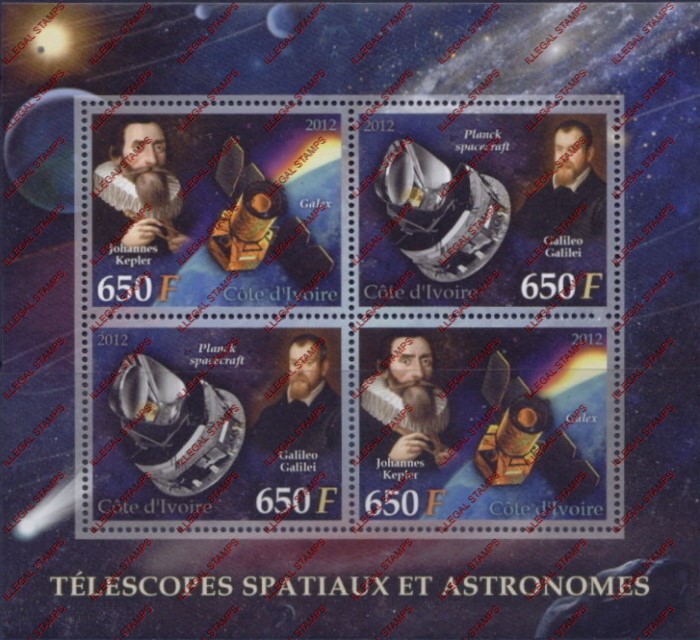 Ivory Coast 2012 Astronomers Telescopes Illegal Stamp Souvenir Sheet of 4
