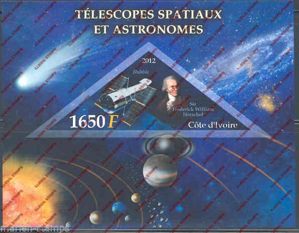 Ivory Coast 2012 Astronomers Telescopes Illegal Stamp Souvenir Sheet of 1
