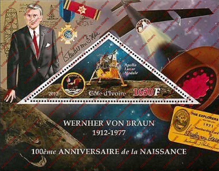 Ivory Coast 2012 Birth Anniversary Space Wernher von Braun Illegal Stamp Souvenir Sheet of 1