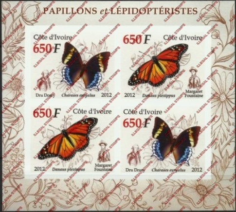 Ivory Coast 2012 Butterflies Illegal Stamp Souvenir Sheet of 4
