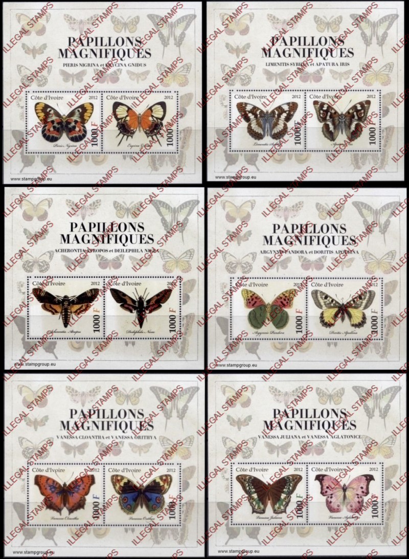Ivory Coast 2012 Butterflies Illegal Stamp Souvenir Sheets of 2