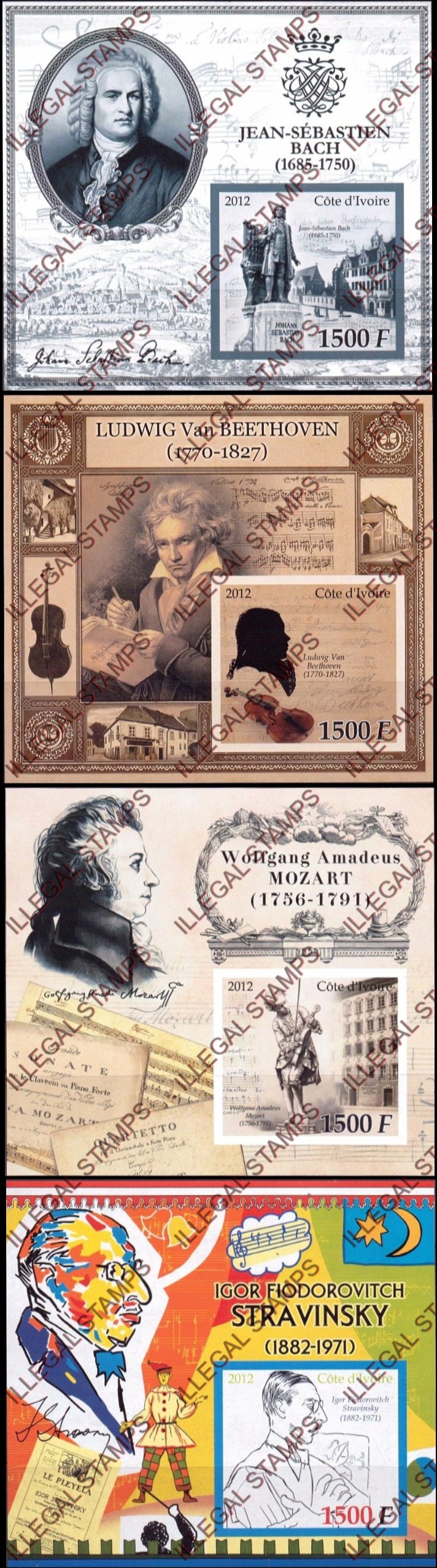 Ivory Coast 2012 Composers Bach, Beethoven, Mozart, Stravinsky Illegal Stamp Souvenir Sheets of 4