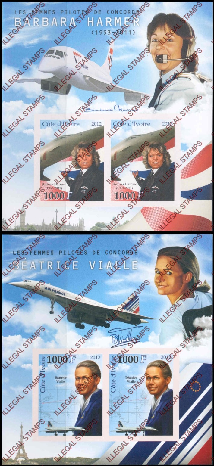 Ivory Coast 2012 Concorde Female Pilots Illegal Stamp Souvenir Sheets of 2