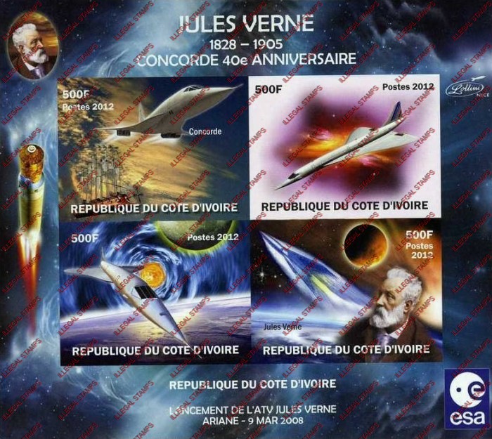 Ivory Coast 2012 Concorde Jules Verne Illegal Stamp Souvenir Sheet of 4