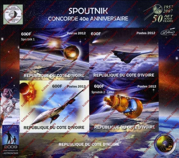 Ivory Coast 2012 Concorde Sputnik Illegal Stamp Souvenir Sheet of 4