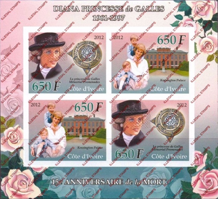 Ivory Coast 2012 Death Anniversary Princess Diana Illegal Stamp Souvenir Sheet of 4
