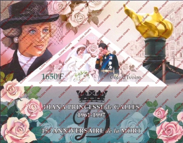 Ivory Coast 2012 Death Anniversary Princess Diana Illegal Stamp Souvenir Sheet of 1