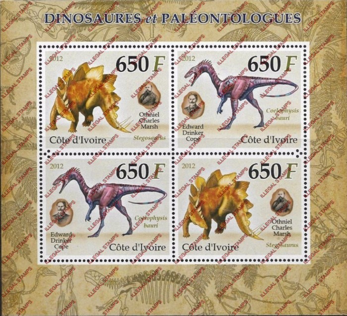 Ivory Coast 2012 Dinosaurs Illegal Stamp Souvenir Sheet of 4