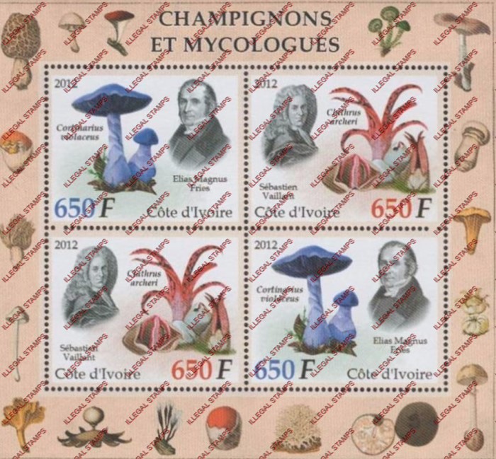 Ivory Coast 2012 Mushrooms Illegal Stamp Souvenir Sheet of 4