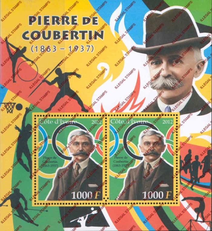 Ivory Coast 2012 Olympic Games Pierre de Coubertin Illegal Stamp Souvenir Sheet of 2