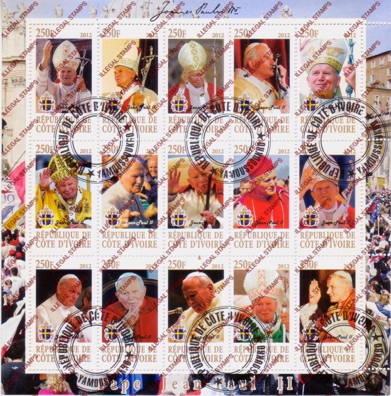 Ivory Coast 2012 Pope John Paul II Illegal Stamp Sheetlet of 15