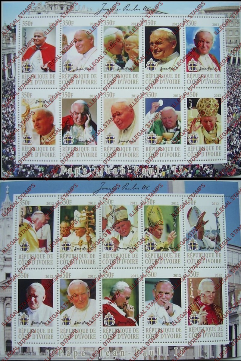 Ivory Coast 2012 Pope John Paul II Illegal Stamp Sheetlets of 10