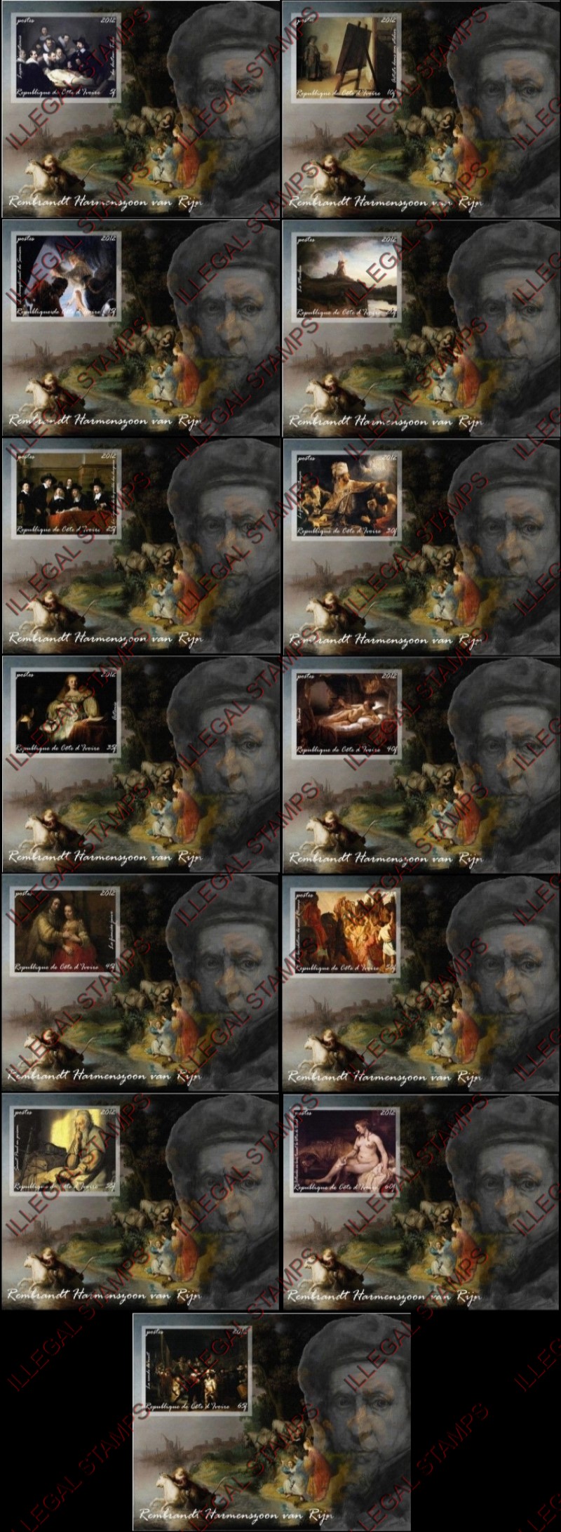 Ivory Coast 2012 Rembrandt Paintings Illegal Stamp Souvenir Sheets of 1