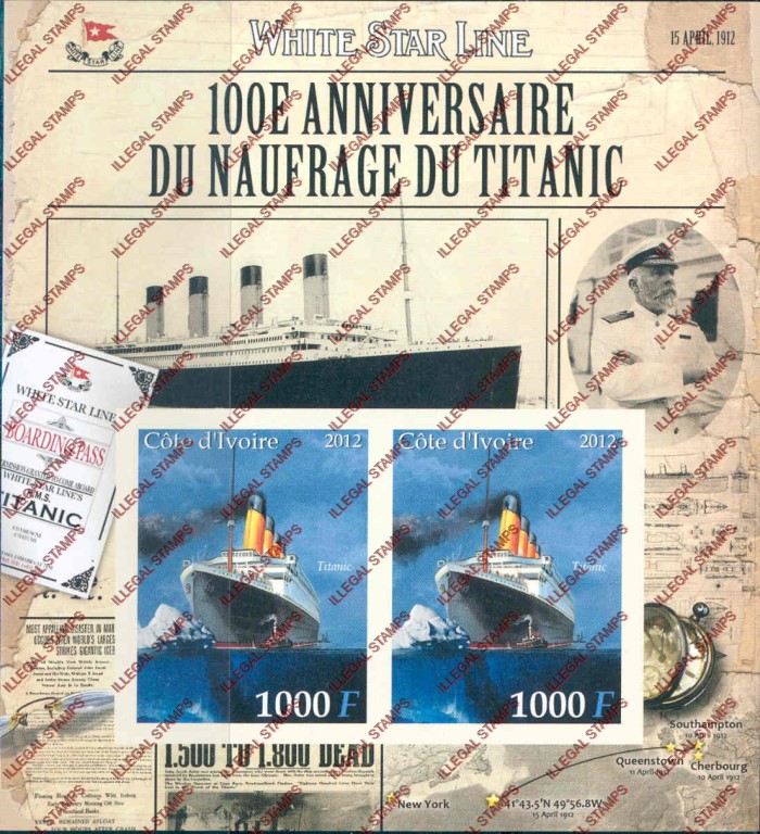 Ivory Coast 2012 Titanic Illegal Stamp Souvenir Sheet of 2