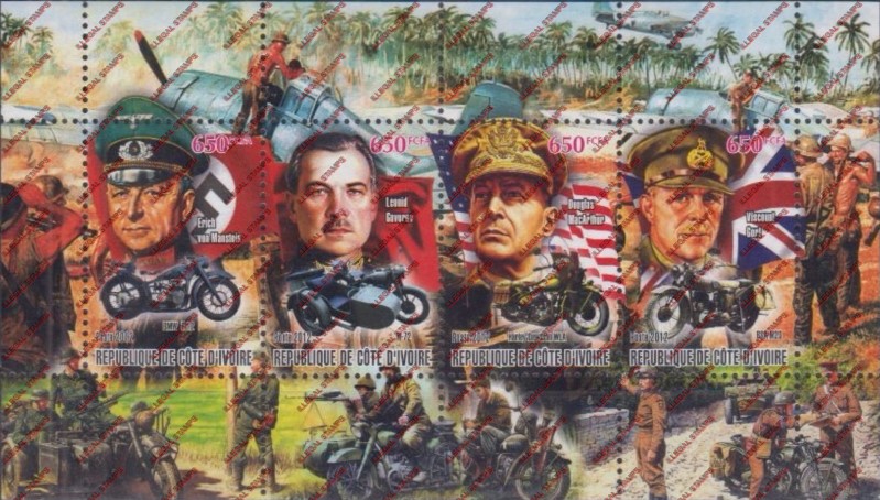 Ivory Coast 2012 World War II Motorcycle Brigade Commanders Illegal Stamp Souvenir Sheet of 4