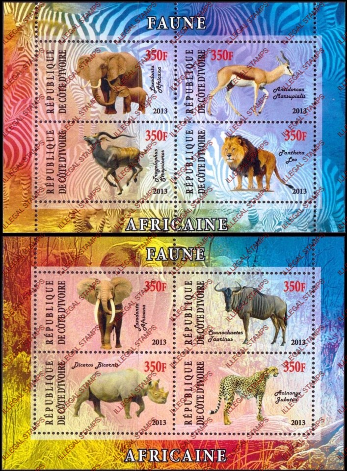 Ivory Coast 2013 African Fauna Illegal Stamp Souvenir Sheets of 4