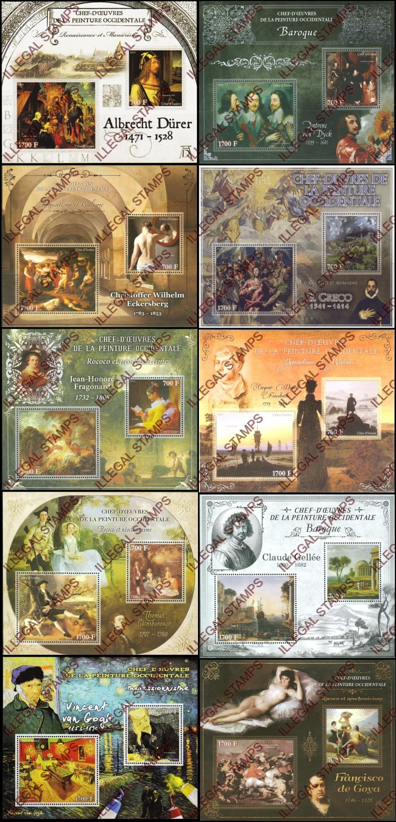 Ivory Coast 2013 Art Impressionism Paintings Illegal Stamp Souvenir Sheets of 2 (part 3)