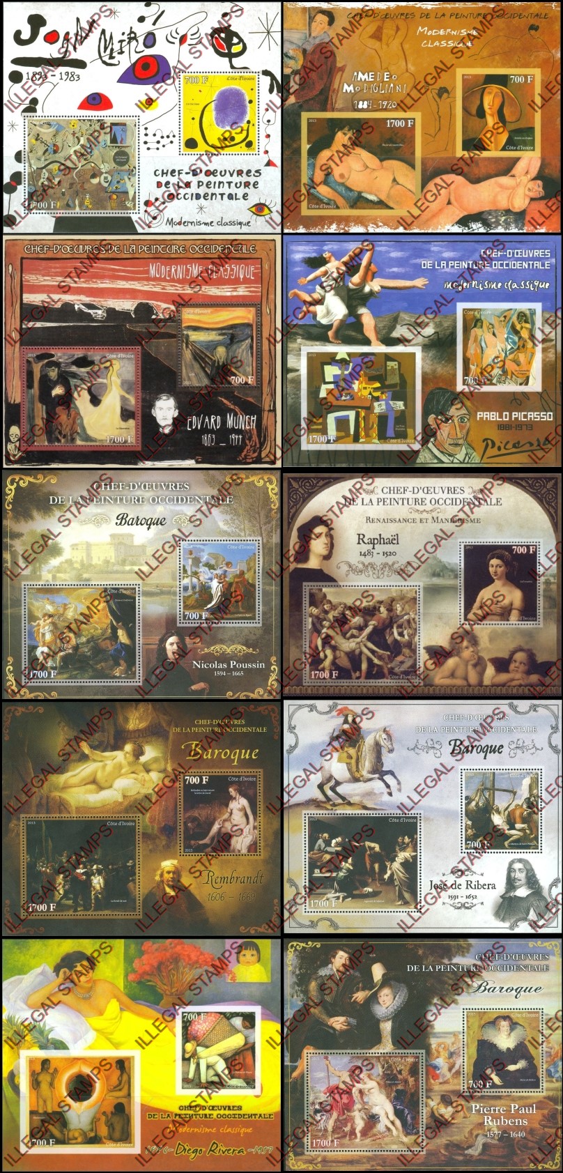 Ivory Coast 2013 Art Impressionism Paintings Illegal Stamp Souvenir Sheets of 2 (part 6)