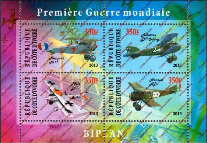 Ivory Coast 2013 Biplanes Airplanes Illegal Stamp Souvenir Sheet of 4