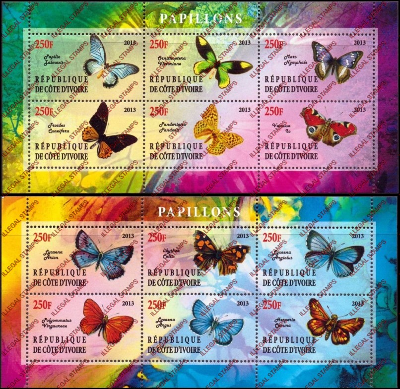 Ivory Coast 2013 Butterflies Illegal Stamp Sheetlets of 6