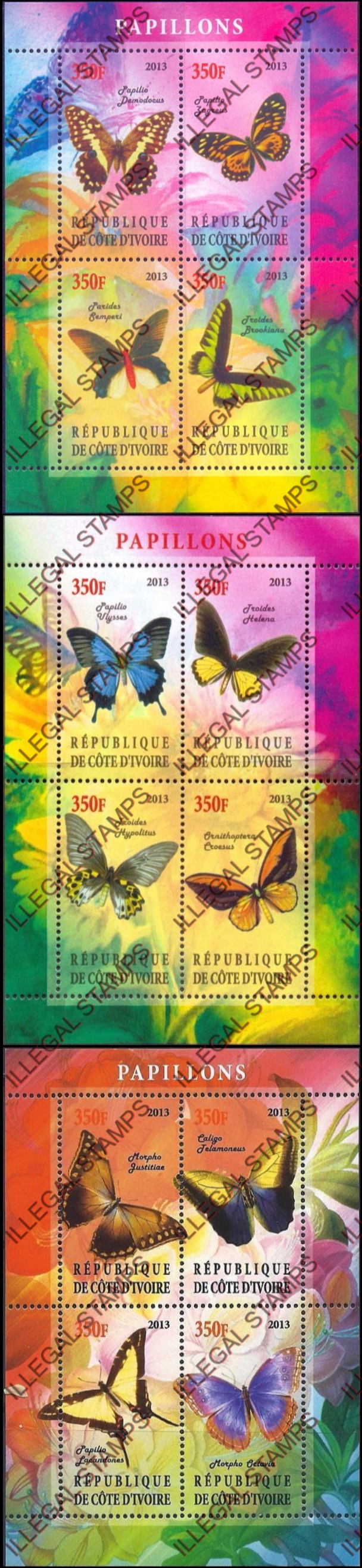 Ivory Coast 2013 Butterflies Illegal Stamp Souvenir Sheets of 4