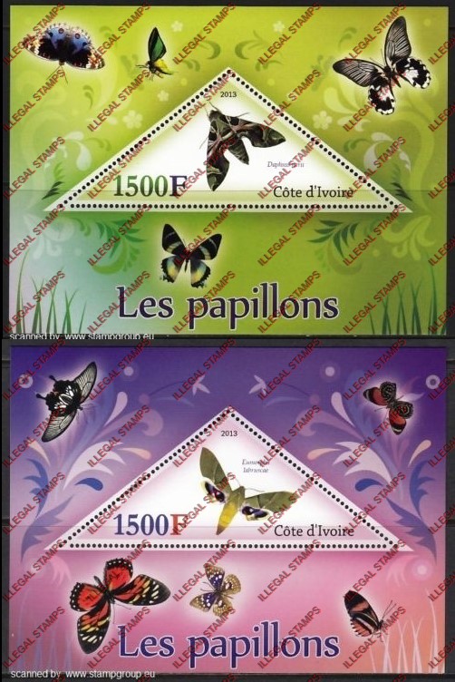 Ivory Coast 2013 Butterflies Illegal Stamp Souvenir Sheets of 1 (triangles)
