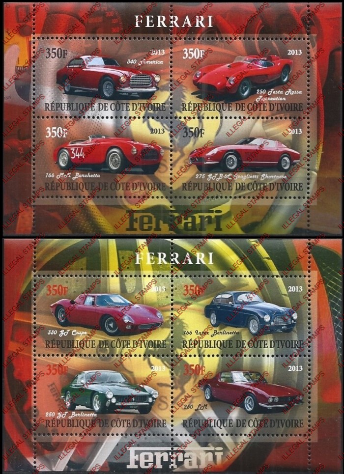 Ivory Coast 2013 Cars Ferrari Illegal Stamp Souvenir Sheets of 4
