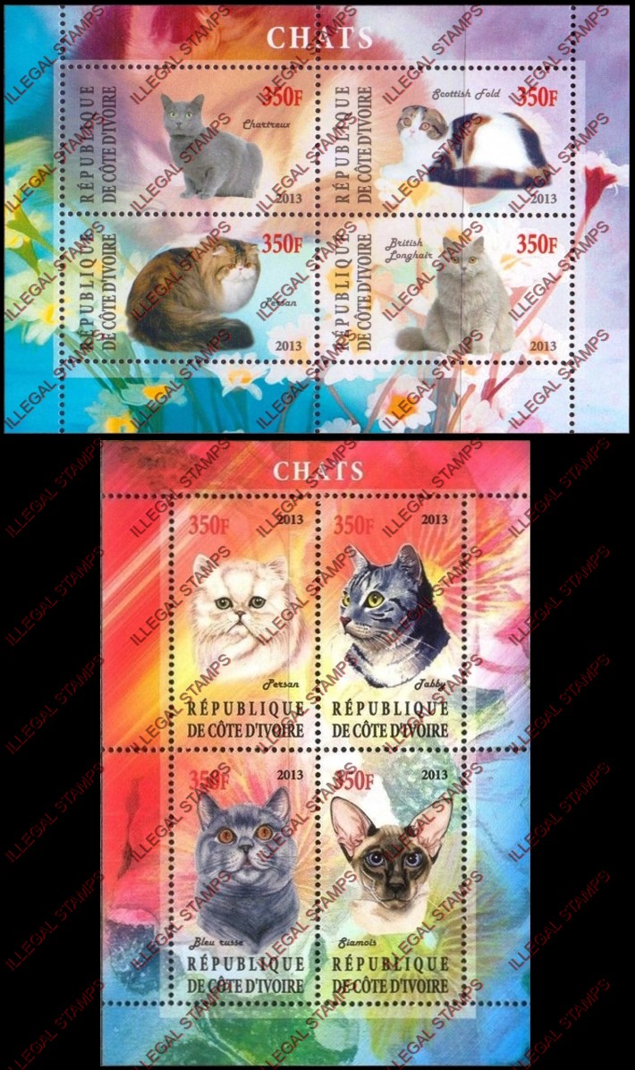 Ivory Coast 2013 Cats Illegal Stamp Souvenir Sheets of 4