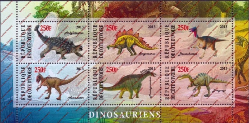 Ivory Coast 2013 Dinosaurs Illegal Stamp Sheetlet of 6