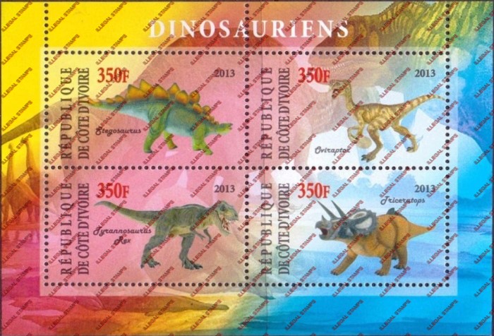 Ivory Coast 2013 Dinosaurs Illegal Stamp Souvenir Sheet of 4