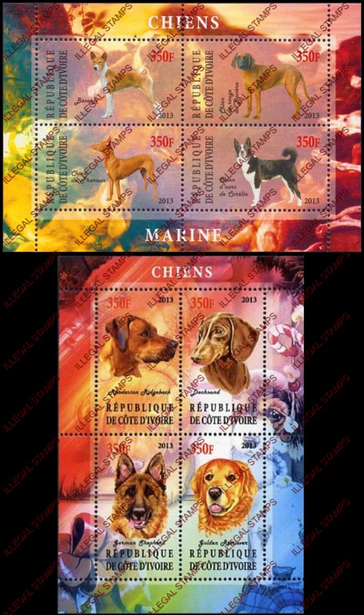 Ivory Coast 2013 Dogs Illegal Stamp Souvenir Sheets of 4