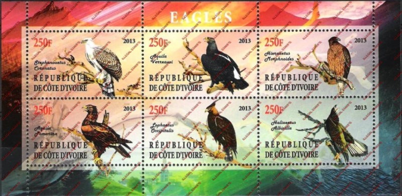 Ivory Coast 2013 Eagles Illegal Stamp Sheetlet of 6