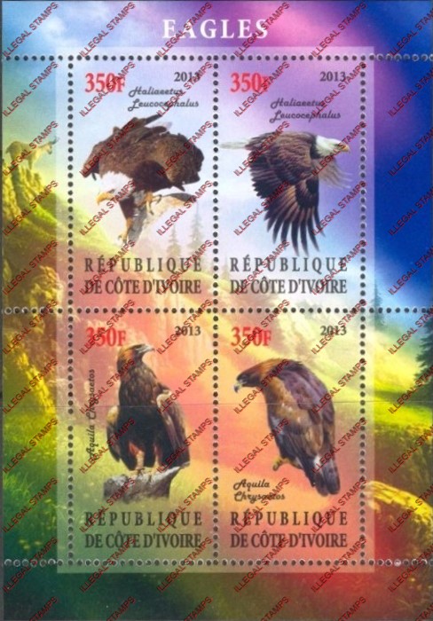 Ivory Coast 2013 Eagles Illegal Stamp Souvenir Sheet of 4