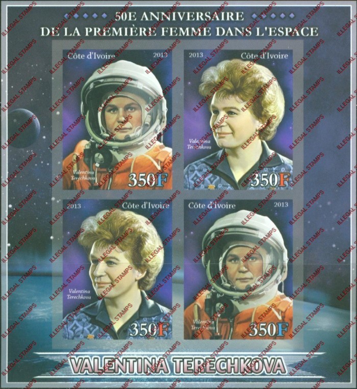 Ivory Coast 2013 First Woman in Space Illegal Stamp Souvenir Sheet of 4