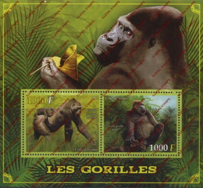 Ivory Coast 2013 Gorillas Illegal Stamp Souvenir Sheet of 2