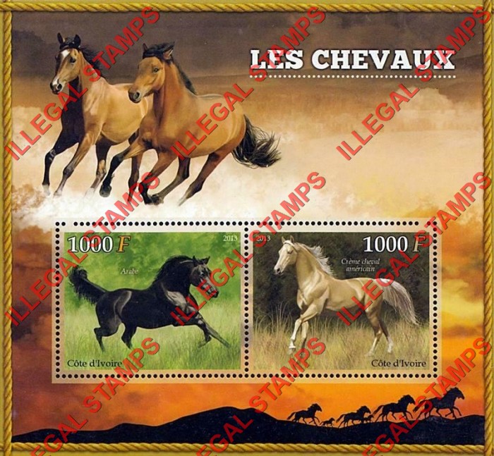 Ivory Coast 2013 Horses Illegal Stamp Souvenir Sheet of 2