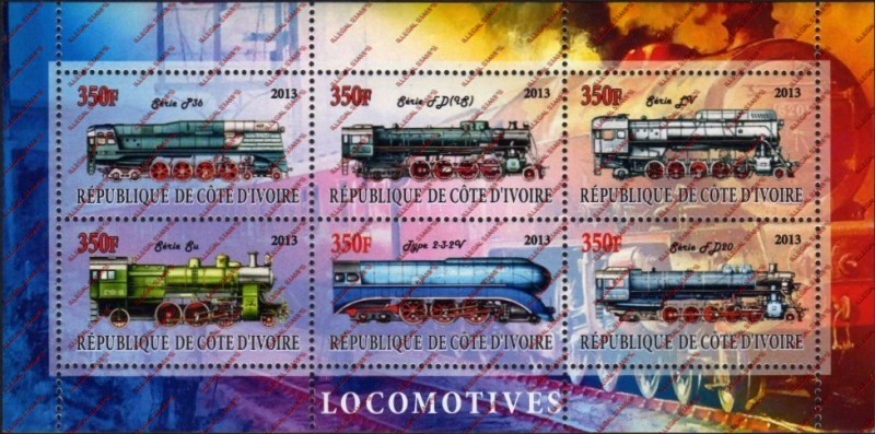 Ivory Coast 2013 Locomotives Illegal Stamp Sheetlet of 6