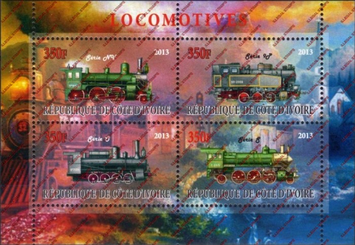Ivory Coast 2013 Locomotives Illegal Stamp Souvenir Sheet of 4