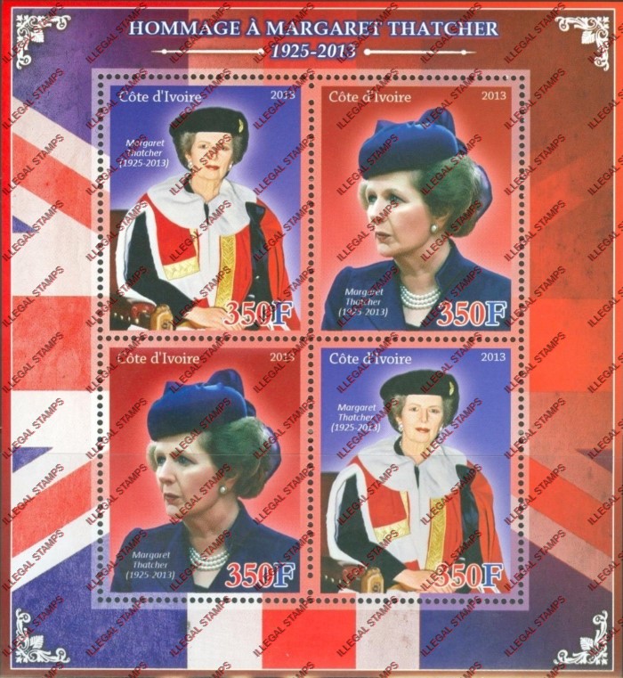 Ivory Coast 2013 Margaret Thatcher Illegal Stamp Souvenir Sheet of 4