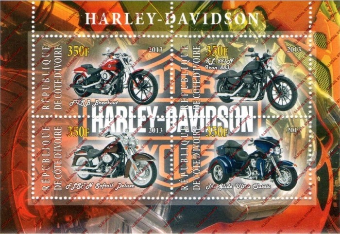 Ivory Coast 2013 Motorcycles Harley Davidson Illegal Stamp Souvenir Sheet of 4
