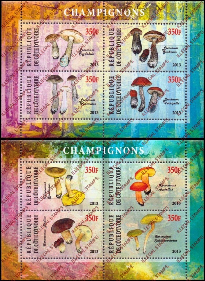 Ivory Coast 2013 Mushrooms Illegal Stamp Souvenir Sheets of 4