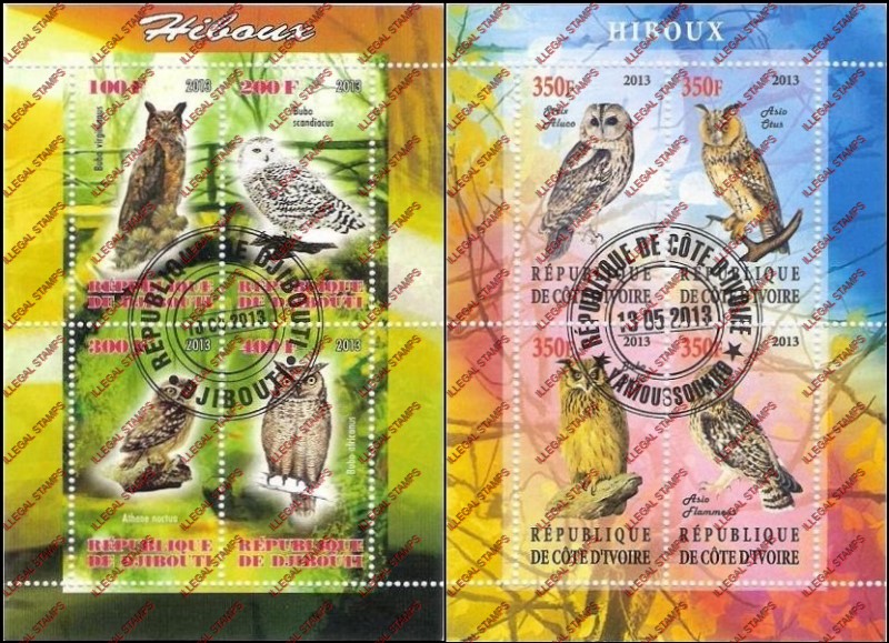 Ivory Coast 2013 Owls Illegal Stamp Souvenir Sheets of 4