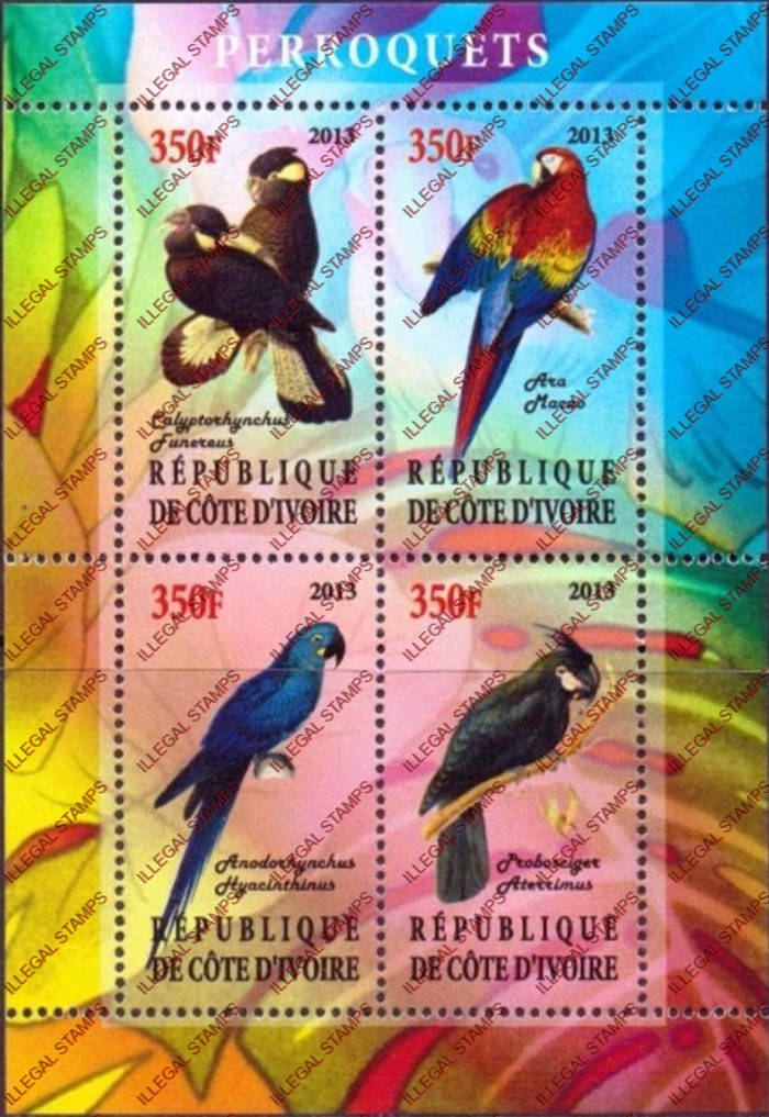 Ivory Coast 2013 Parrots Illegal Stamp Souvenir Sheet of 4